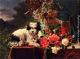 Adriana-johanna Haanen Canvas Paintings - Camellias And A Terrier On A Console